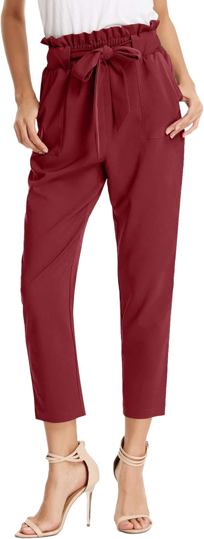GRACE KARIN Women's Cropped Paper Bag Waist Pants with Pockets | Amazon (US)