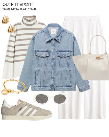 White trousers Adidas trainers denim jacket tote handbag jumper stripe 

#LTKstyletip #LTKitbag #LTKshoecrush