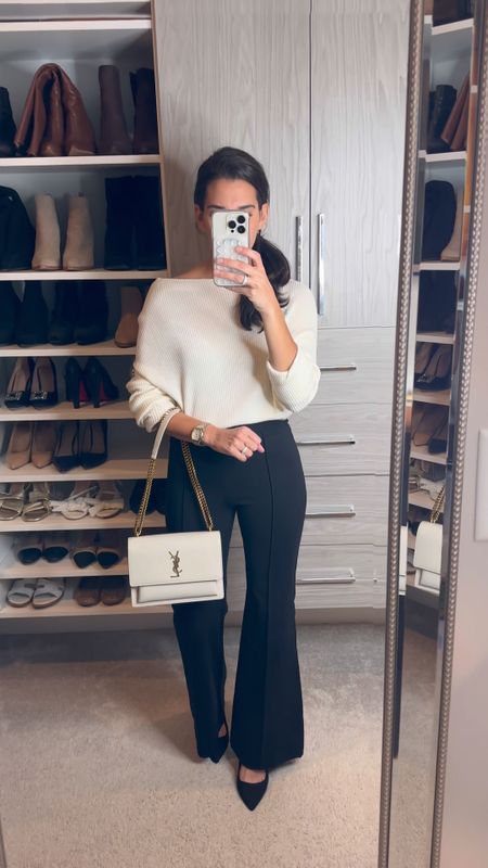 Classic fall work outfit / black flare pants for work (wearing small petite) and white sweater (wearing xs) 

#LTKHoliday #LTKstyletip #LTKworkwear