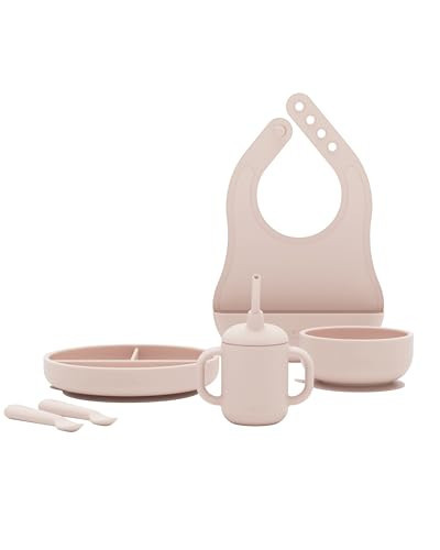 Lalo First Bites Silicone Baby Feeding Set - Baby Led Weaning Supplies - Non-Toxic Silicone - Includes 1 Bib, 2 Spoons, Training Cup, Suction Plate and Bowl - 6 Pieces - Grapefruit | Amazon (US)