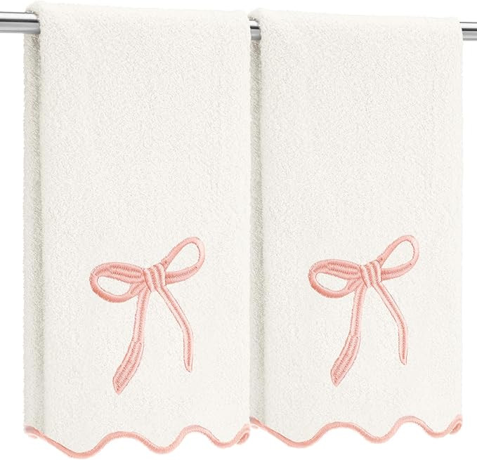 2 Pcs White Pink Scalloped Hand Towels for Bathroom 26 x 13 Embroidery Coquette Bow Hand Towels 1... | Amazon (US)