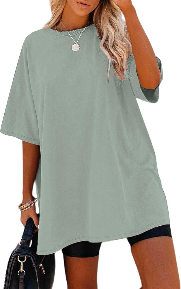 Remidoo Women's Oversized T Shirt Crewneck Solid Short Sleeve Baggy Cotton Tees | Amazon (US)