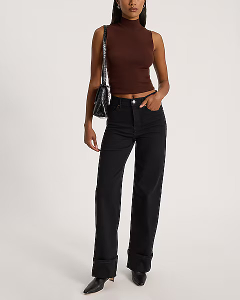 High Waisted Stay Black Cuffed Hem Wide Leg Jeans | Express