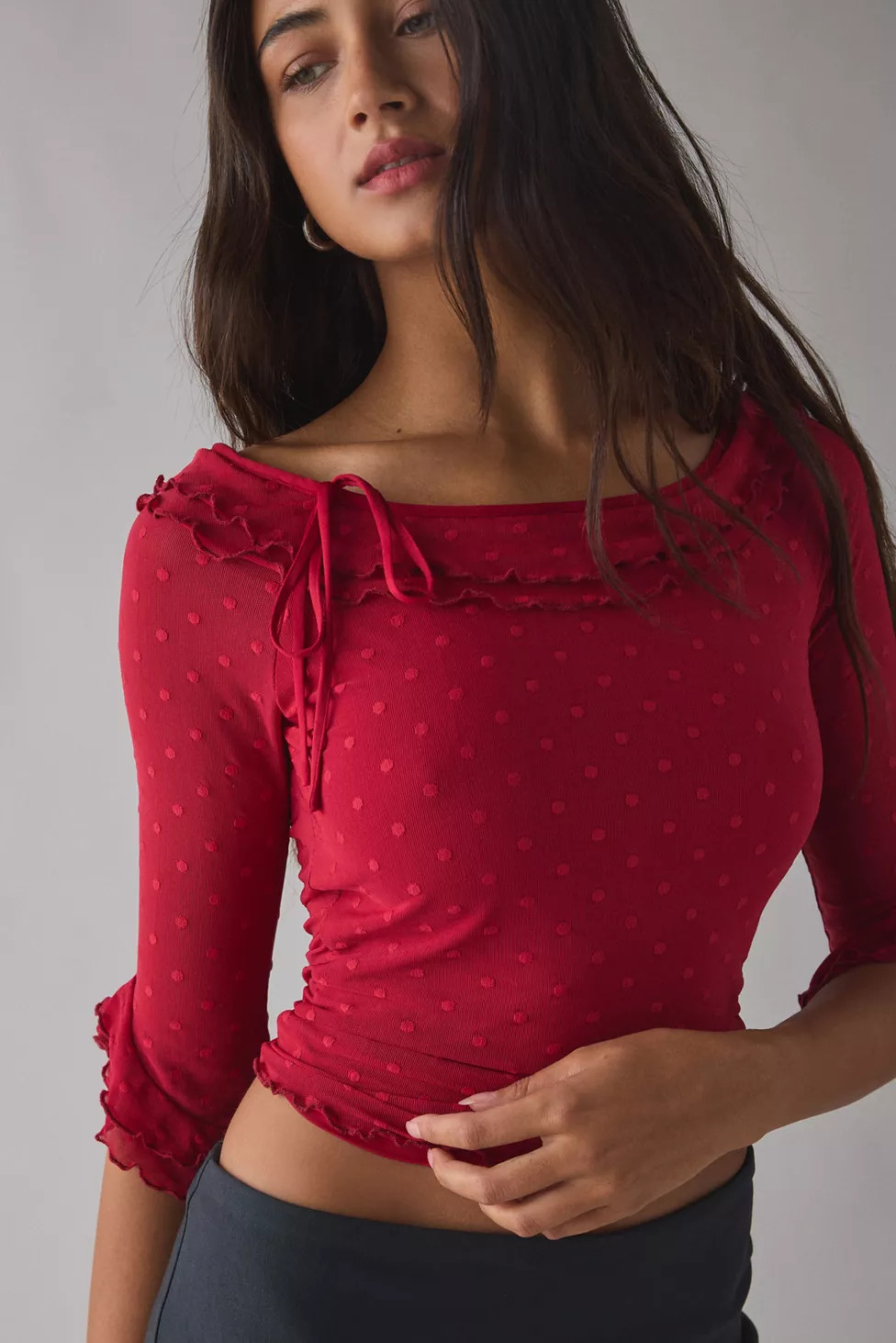 Kimchi Blue Rosalyn Polka Dot Mesh 3/4 Sleeve Boatneck Top | Urban Outfitters (US and RoW)