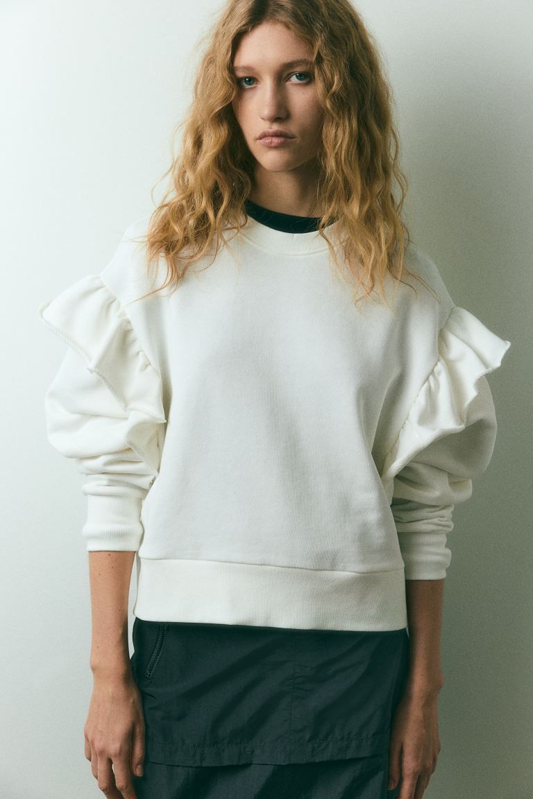 Oversized Ruffle-trimmed Sweatshirt - Cream - Ladies | H&M US | H&M (US + CA)