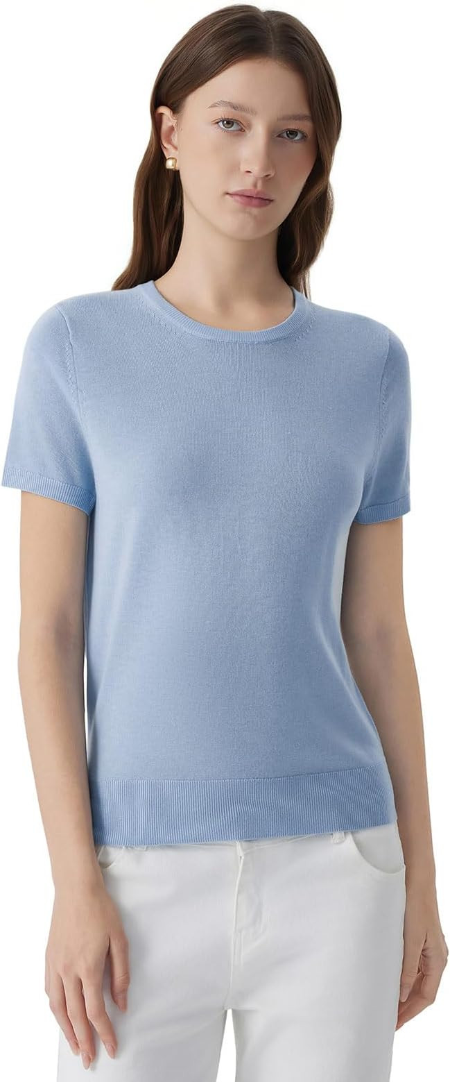 SUUKSESS Women Silk Cashmere Blend Crew Neck Short Sleeve Sweaters Casual Blouse | Amazon (US)