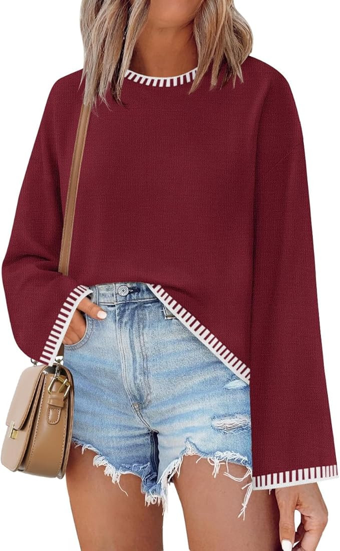 ZESICA Women's Oversized Long Sleeve Sweaters 2024 Fall Crewneck Color Block Loose Ribbed Knit Pu... | Amazon (US)