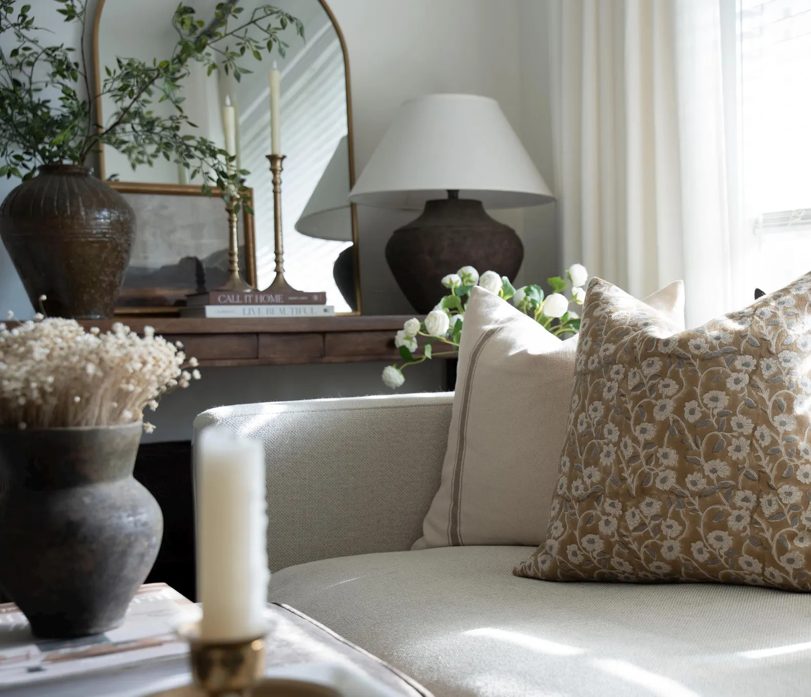 AUTUMN || Warm Camel Brown Floral Pillow Cover Block Print Pillow Muted Floral Pillow Modern Farm... | Etsy (US)