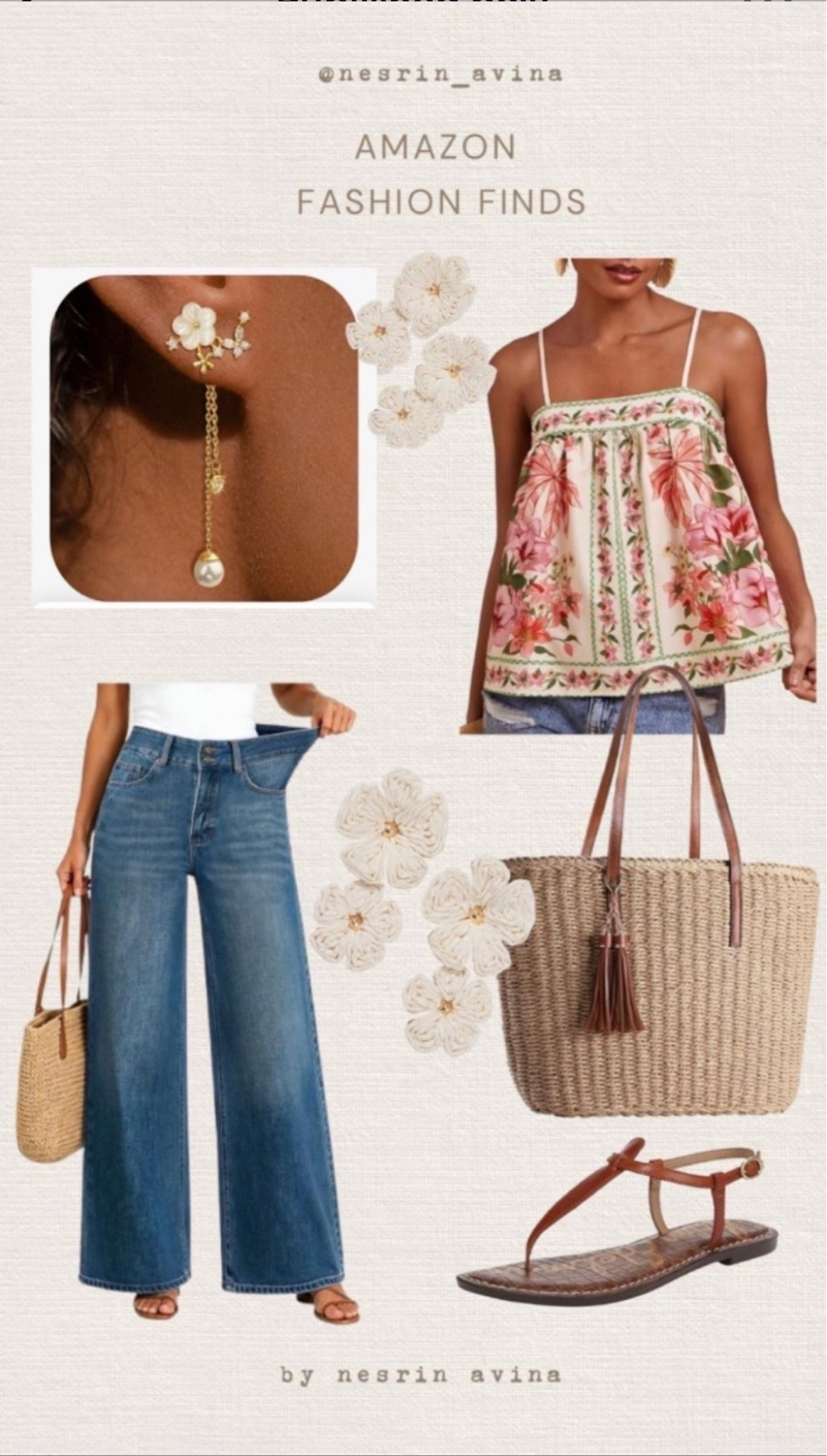 floral top
summer tote bag 
wide leg jeans 
earrings