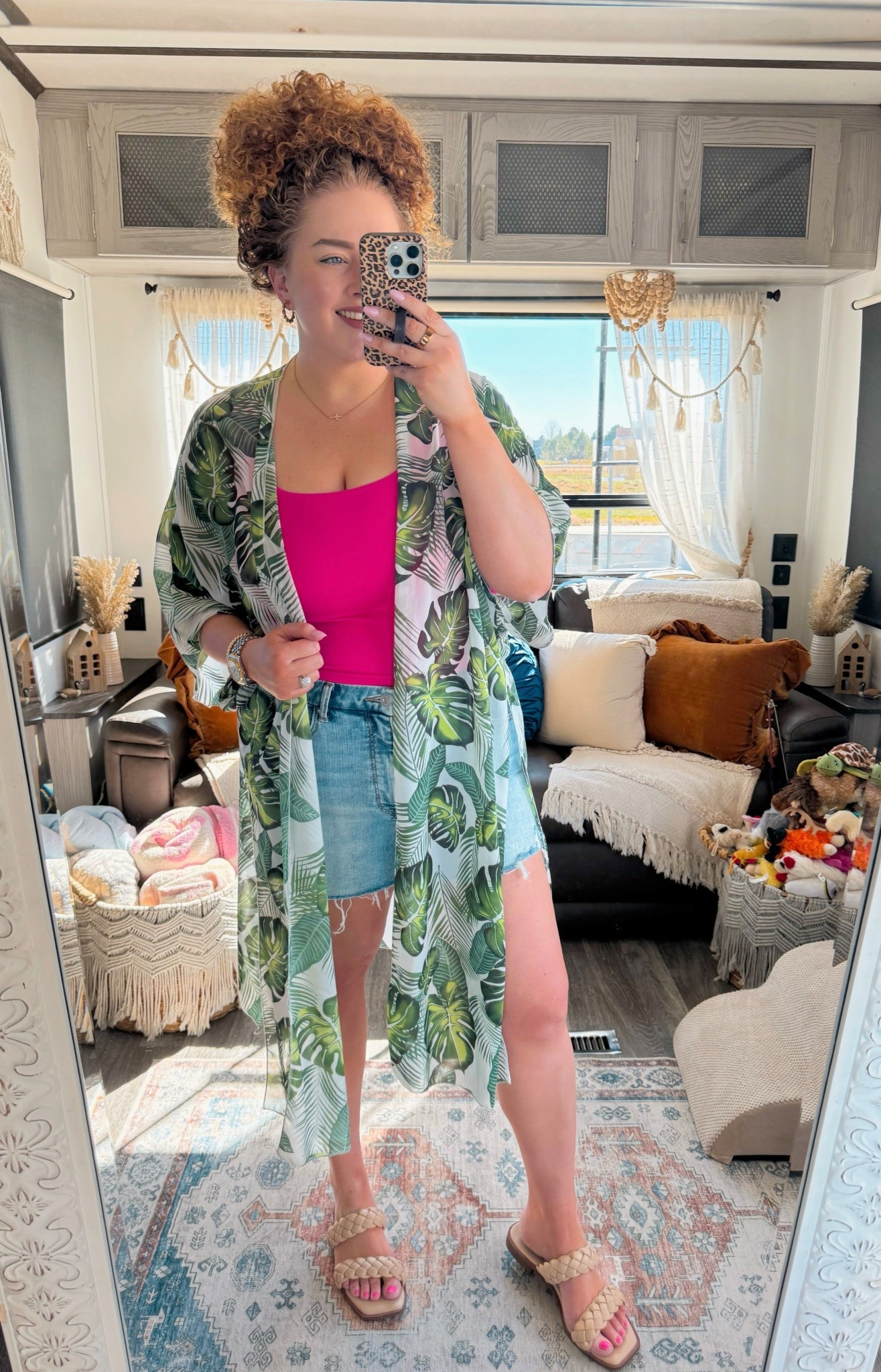 Loving this fun, colorful combo for sunny days ☀️ The kimono instantly elevates a simple tank + shorts outfit🌸✨ summer outfit | spring outfit | tropical outfit | vacation outfit | beach vacation outfit | amazon fashion | amazon outfit | green palm print kimono | printed kimono outfit | tropical kimono | hot pink tank outfit | bright tank outfit | color pop outfit | light wash denim shorts | denim shorts outfit | casual summer outfit | weekend outfit | fun outfit | statement outfit | bold colors outfit | braided sandals outfit | boho summer outfit | easy outfit idea | travel outfit | sunny day outfit | colorful outfit | amazon finds | affordable fashion

#LTKMidsize #LTKdayinmylife #LTKootd