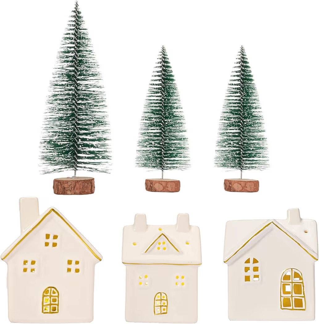 DN DECONATION 6PCS Christmas Village Houses Decorations Set, Light Up White & Gold Ceramic Houses... | Amazon (US)
