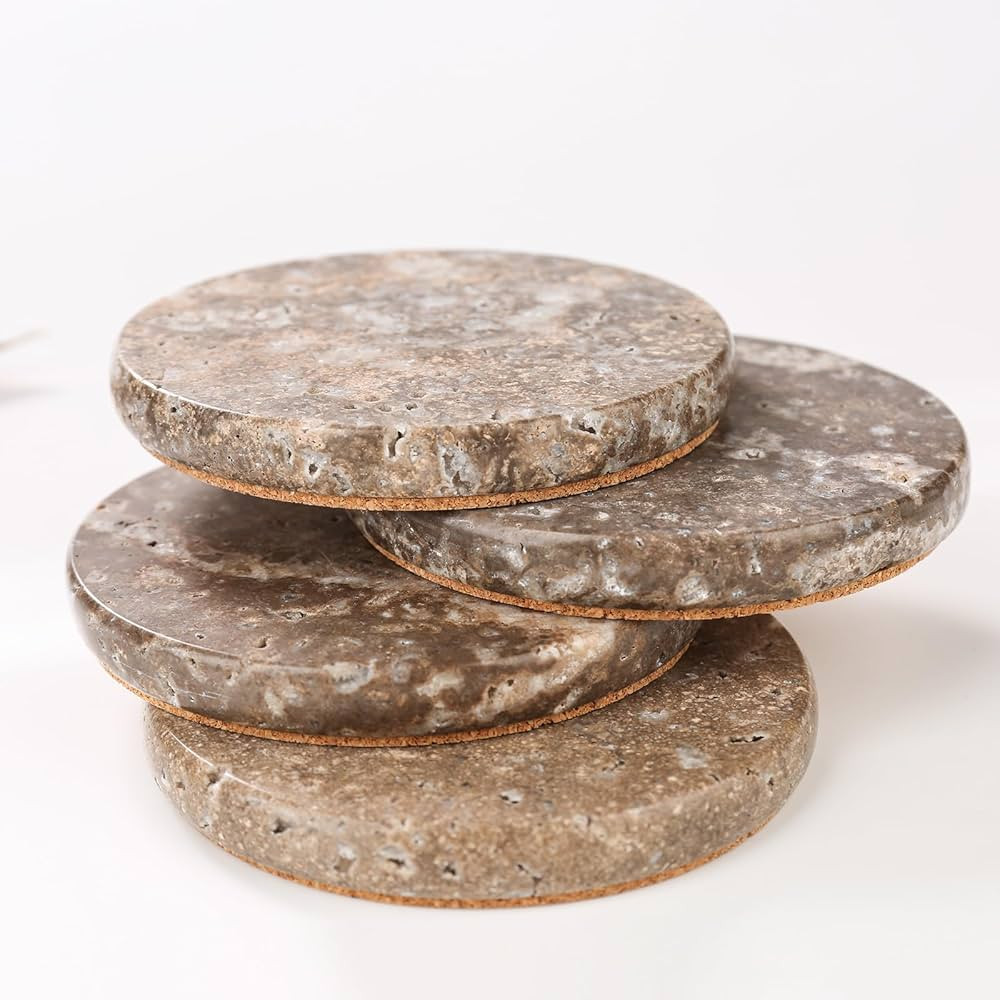 HAMAKAWA Marble Coasters Set of 4, Natural Gray Stone Coasters 4 Inch, Modern Round Travertine Dr... | Amazon (US)