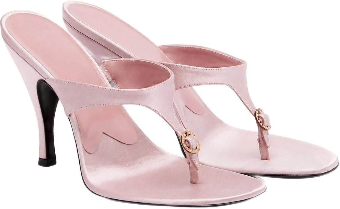 T-Strap Thong Sandals for Women Metal Buckle Almond Open Toe Slip On Stiletto Heel Mules Elegant ... | Amazon (US)