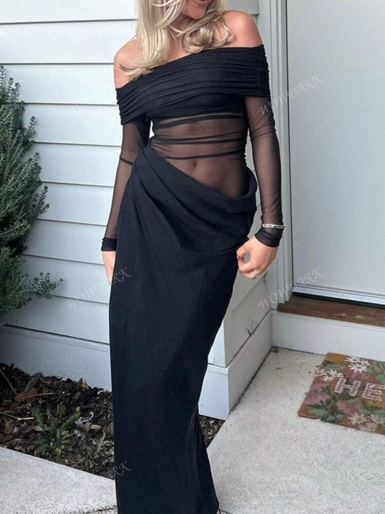 WOWDARK Women's Solid Off Shoulder Mesh Hollow Out Fitted Long Dress, Sexy & Flattering, Autumn | SHEIN