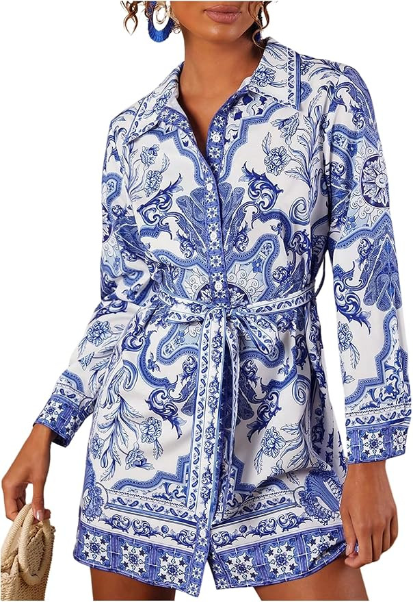 Floerns Women's Floral Long Sleeve Button Down Shirt Dress Belted Vacation Dresses | Amazon (US)