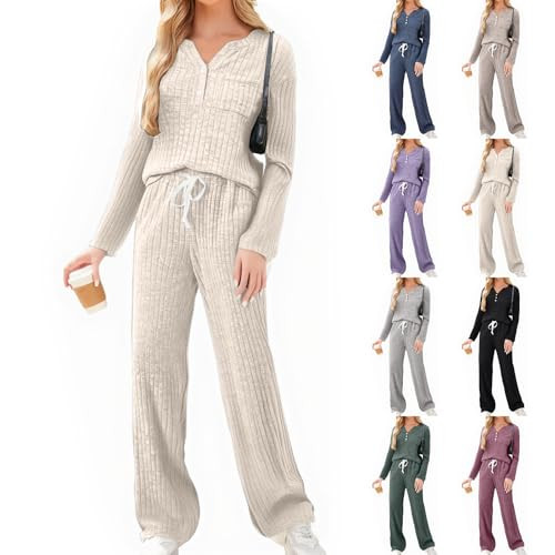Lounge Wear for Women Two Piece Pants Set Travel Airport Outfits Comfy Matching Loungewear Sets Henley Shirts Ladies 2025 Fall Cozy Clothing Clothes Pajamas Two Piece Sets for Women | Amazon (US)