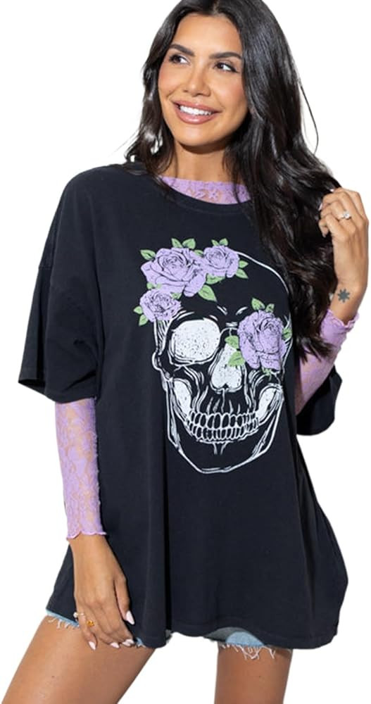 Women's Black Floral Skull Graphic Tunic T-Shirt for Halloween | Amazon (US)