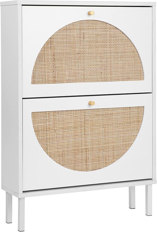 ZeHuoGe Natural Rattan Shoe Cabinet with 2 Flip Drawers, White Shoe Shelf Organizer with Circle R... | Amazon (US)