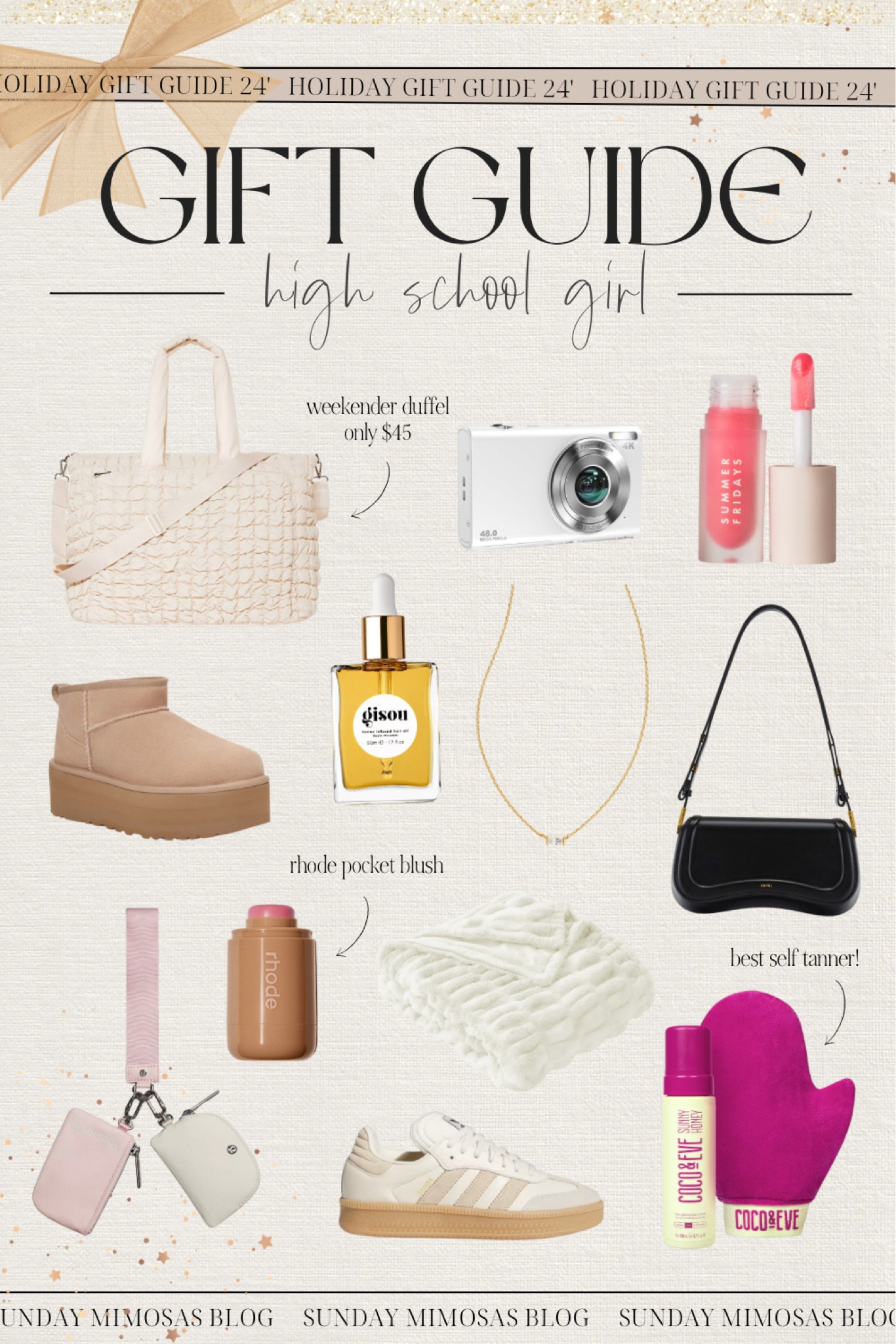 High school girl gift guide! 💕 Here are the top teen girl gifts for Christmas 2024 ✨

1. UGG platform shoes
2. Rhode pocket blush
3. Adidas Sambas
4. Summer Fridays lip oil
5. Coco & Eve self tanner
6. Gisou hair oil
7. Digital camera
8. Black shoulder bag
9. Weekender duffel bag
10. White faux fur blanket
11. Kendra Scott necklace
12. Lululemon keychain

Linking more Christmas gift ideas for teen girls below!

All of our 2024 Christmas Gift Guides (with more details on the products) are on sundaymimosasblog.com 🎁

#LTKGiftGuide #LTKSaleAlert #LTKHoliday