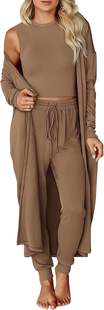 KIRUNDO Womens 3 Piece Lounge Sets Pajama Long Sleeve Lightweight Cardigan Crop Tank Top Jogger P... | Amazon (US)