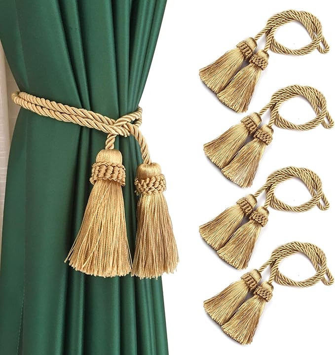 Fenghuangwu Curtain Tiebacks Handmade Decorative Curtain Holdbacks Rope with Tassel (Gold, 4P) | Amazon (US)
