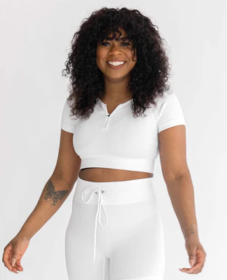 Astoria Seamless Ribbed Series Zip Quarter-Sleeve Crop - White | astoria activewear