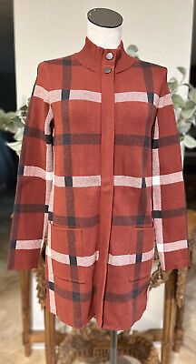 Tahari Women Medium rust Plaid mock Neck  zip front cardigan sweater | eBay US
