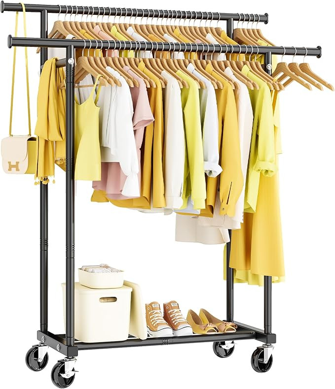 Double Rods Clothes Rack, Rolling Clothing Rack for Hanging Clothes Portable Wardrobe Rack, Metal... | Amazon (US)