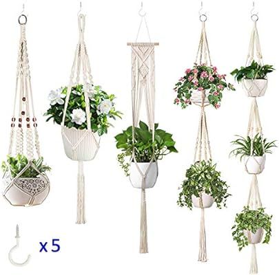 Amazon.com: 5-Pack Macrame Plant Hangers w/ 5 Hooks, Different Tiers, Handmade Cotton Rope Hangin... | Amazon (US)