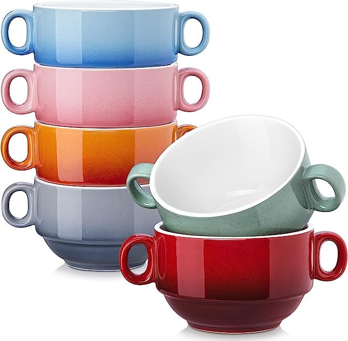 LOVECASA Multi-Color 13 OZ Soup Bowls with Handles Set of 6, Ceramic French Onion Soup Mugs Soup ... | Amazon (US)