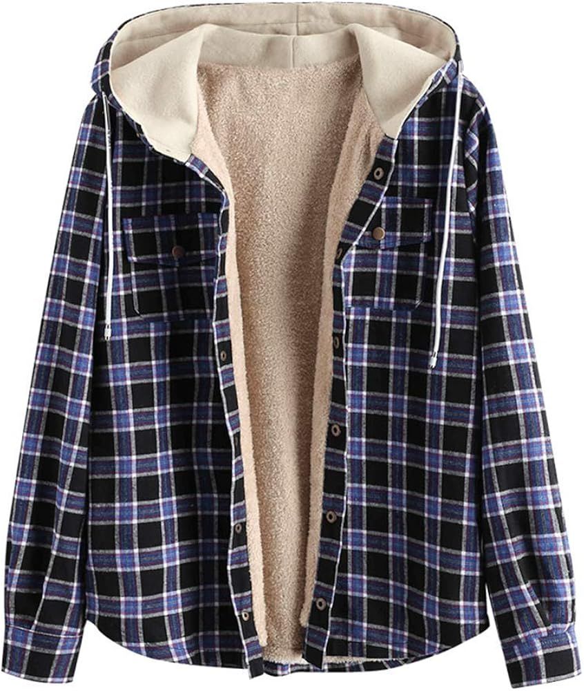ZAFUL Men's Long Sleeve Hoodie Jacket, Flannel Lined Plaid Button Down Shirts Casual Unisex Jacke... | Amazon (US)