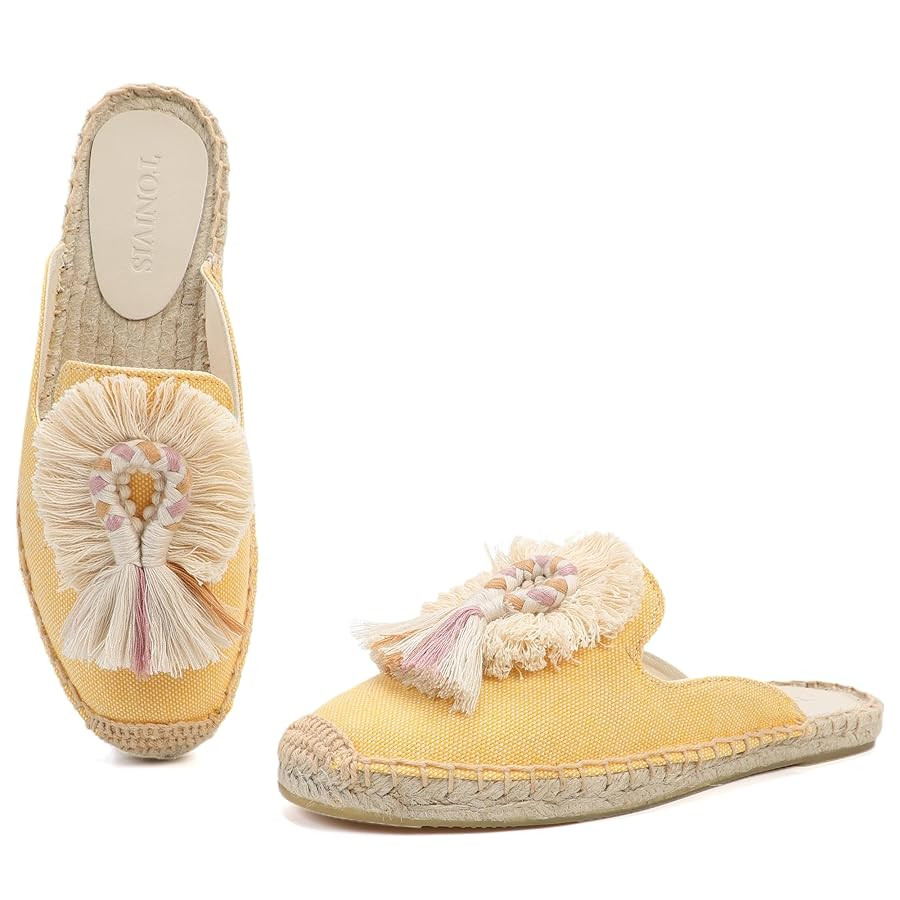Women's Mule Flat Shoes with Tassel & Pompom, Espadrilles Slides Backless Slipper Slip on Shoes | Amazon (US)