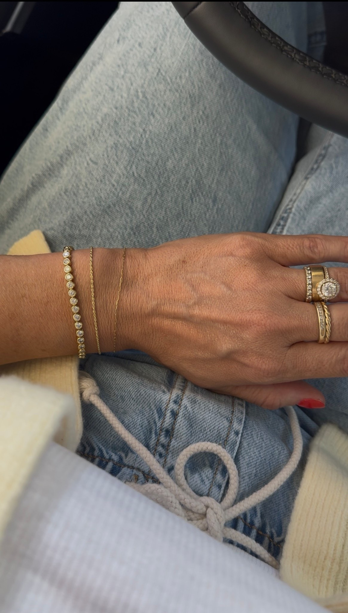 Tennis bracelet + drawstring denim Jean