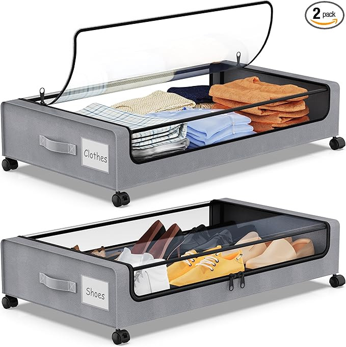 Under Bed Storage with Wheels, 2Pack Under Bed Storage Containers,Under Bed Shoe Storage Organize... | Amazon (US)