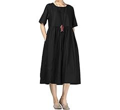 Mordenmiss Women's Cotton Linen Dress Summer Midi Dresses with Pockets | Amazon (US)