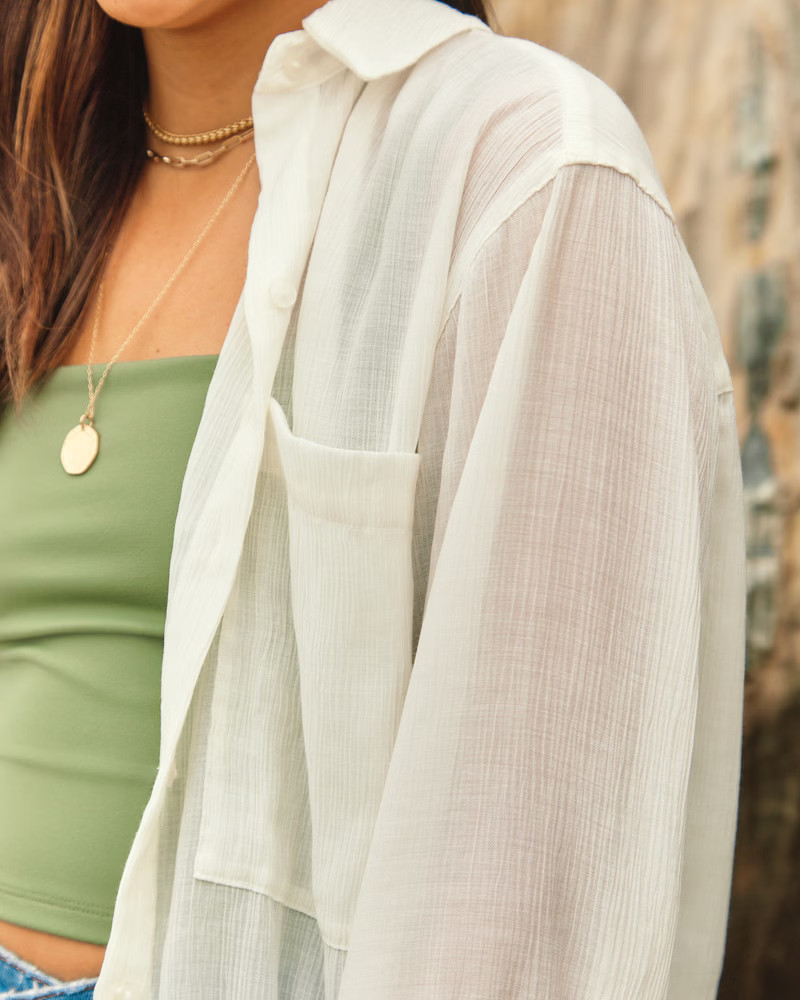 Oversized Long-Sleeve Crinkle Button-Up Shirt | Abercrombie & Fitch (US)