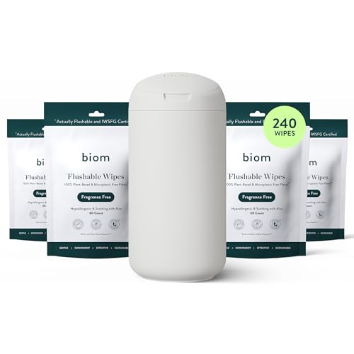 Biom Flushable Starter Kit - 4pk Flushable Wipes + Refillable BPA-Free Dispenser- Biodegradable, Plant-Based, Non-Toxic Wet Wipes for Adults & Baby - Home & Travel (White) | Amazon (US)