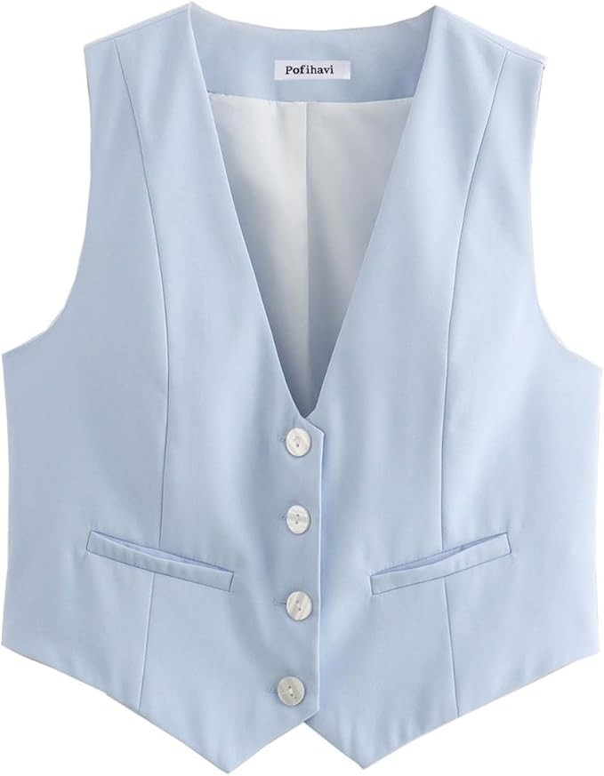 Pofihavi Cropped Suit Vest for Women 2024 Button Up Business Casual Dressy Waistcoat Vest Tops | Amazon (US)