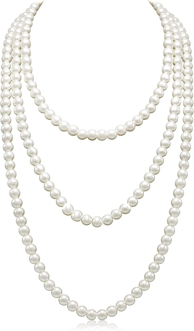 Long Pearl Necklaces for Women Cream White Faux Pearl Strand Layered Necklace Costume Jewelry | Amazon (US)