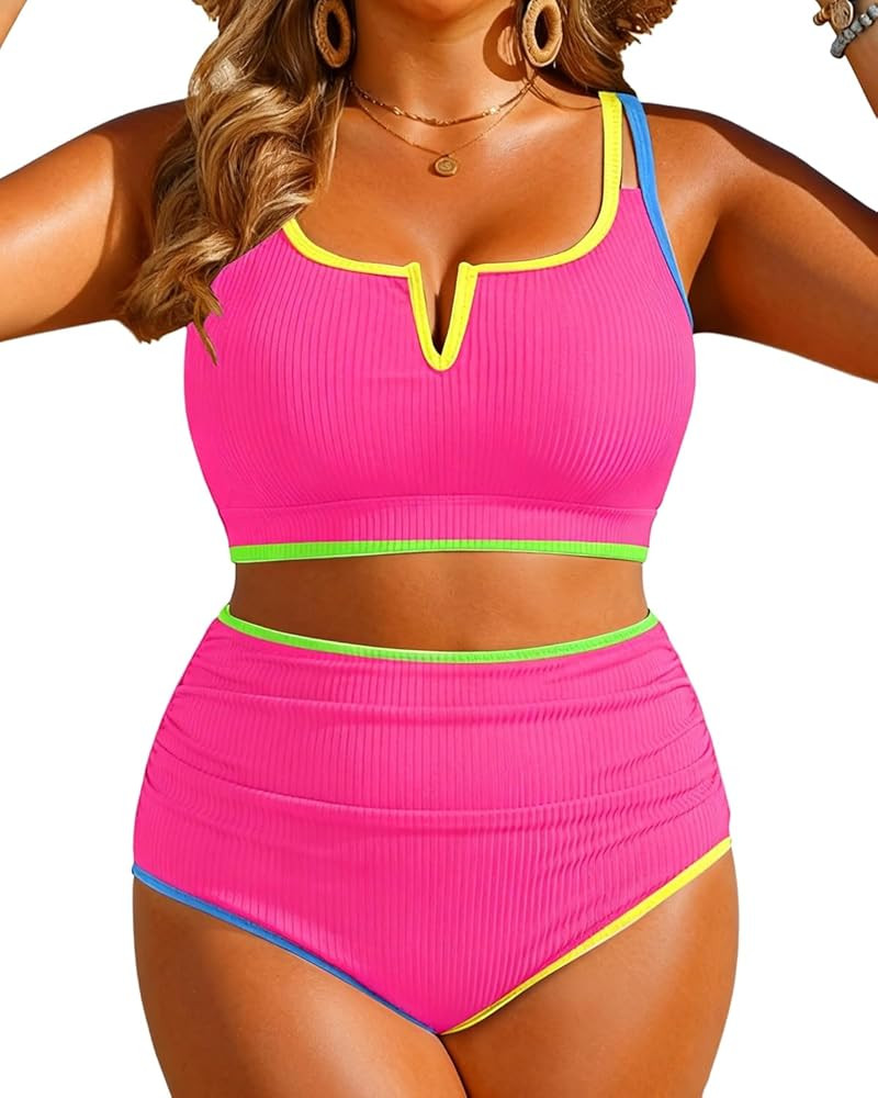 Yonique Women Plus Size High Waisted Bikini - Ribbed Two Piece Swimsuit Tummy Control Bathing Sui... | Amazon (US)