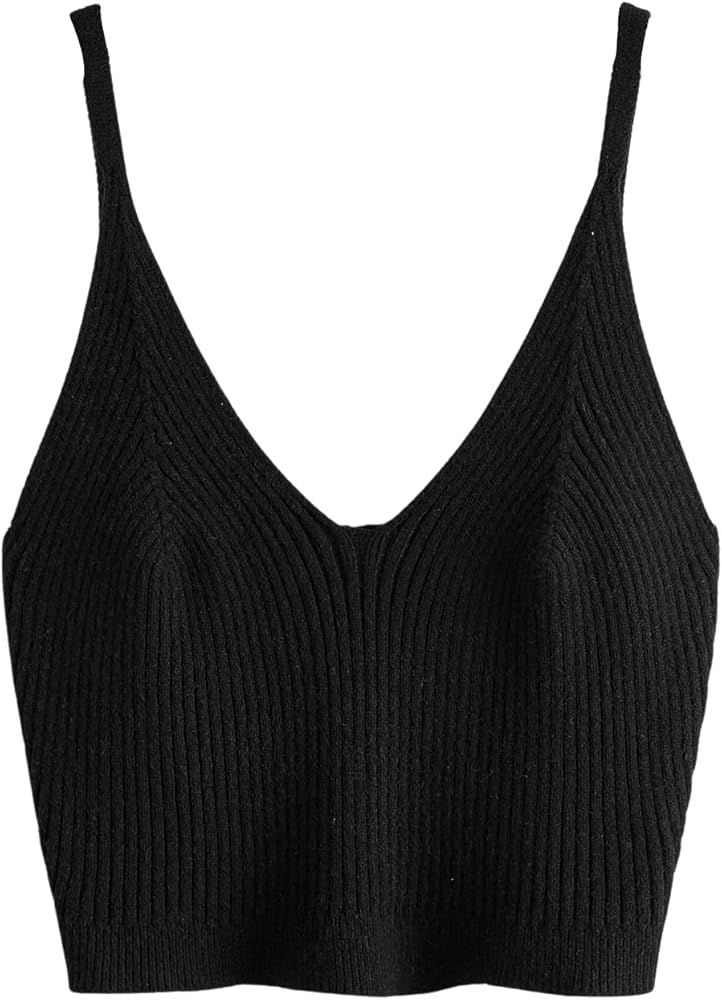 SweatyRocks Women's Plus Size Sleeveless V Neck Cami Top Solid Ribbed Knit Crop Tank Tops | Amazon (US)