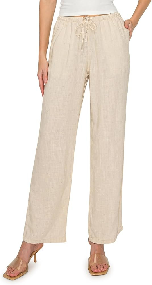 Cali1850 Women's Printed Linen Pants - 30" Inseam Drawstring Elastic Waist Casual Pull On Beach L... | Amazon (US)
