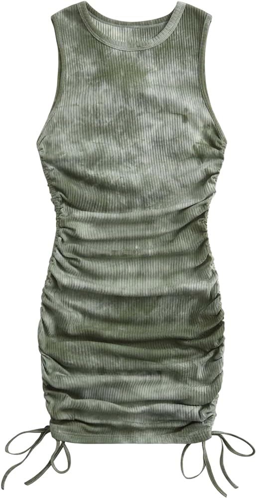 GORGLITTER Women's Tie Dye Ruched Bodycon Mini Dress Drawstring Ribbed Knit Sleeveless Short Dres... | Amazon (US)