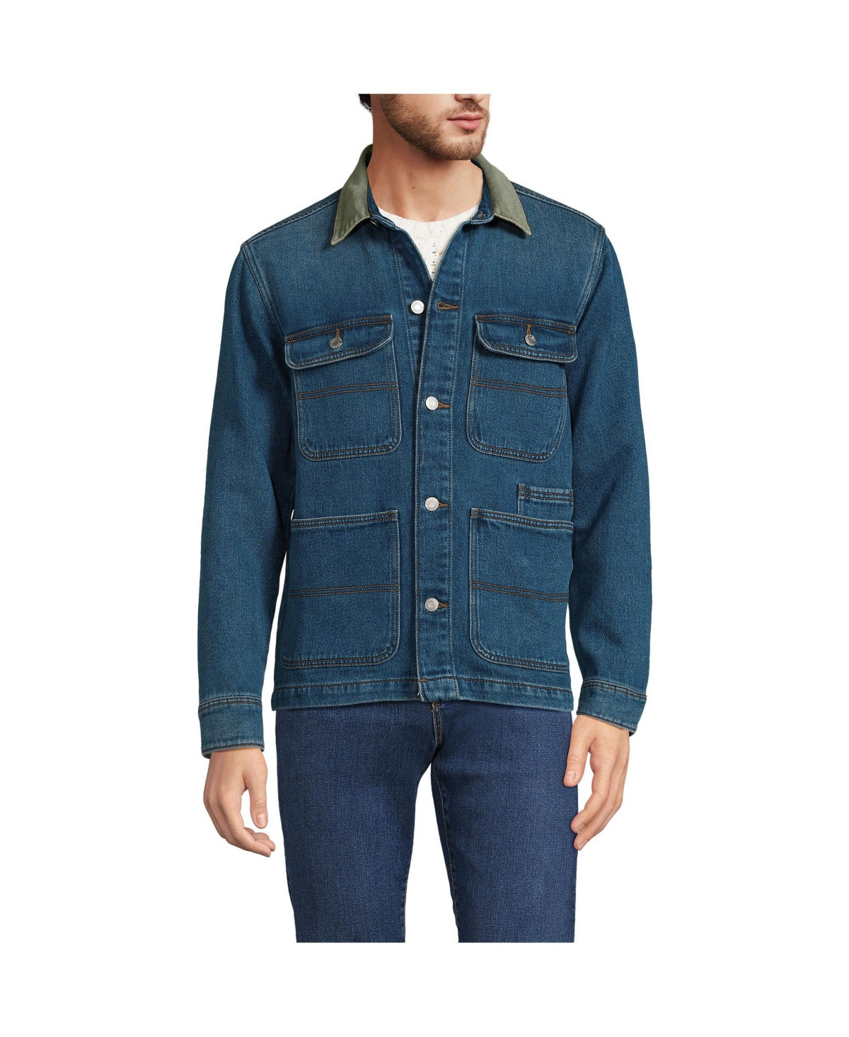 Lands' End Men's Blanket Lined Denim Jacket With Corduroy Collar - Blue stone wash | Macy's