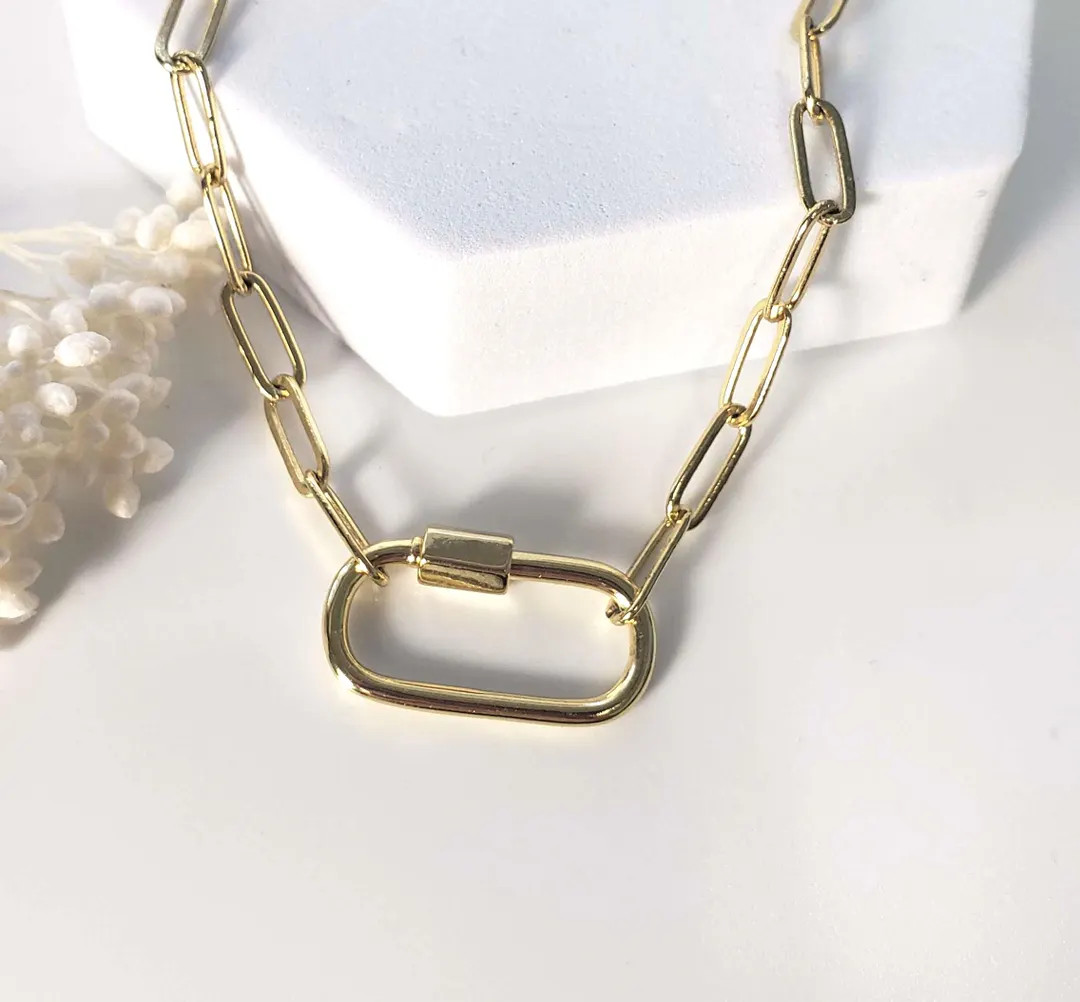 Gold Paperclip Chain Necklace: Carabiner Charm Holder | Etsy (US)