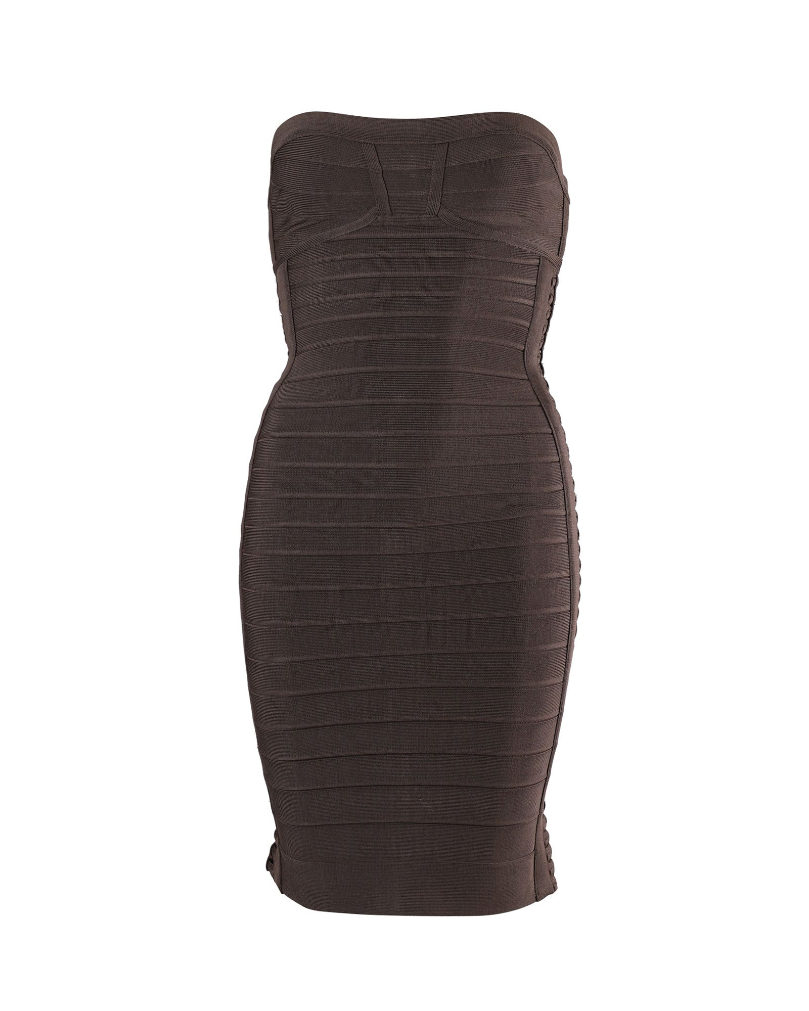 Herve Leger Strapless Bandage Dress in Grey Rayon | Shop Simon