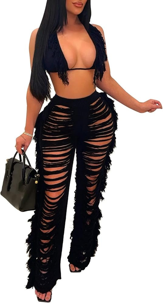 Women's Sexy 2 Piece Outfits Halter String Tassel Triangle Bikini Top Crochet Fringe Pants Set Ju... | Amazon (US)