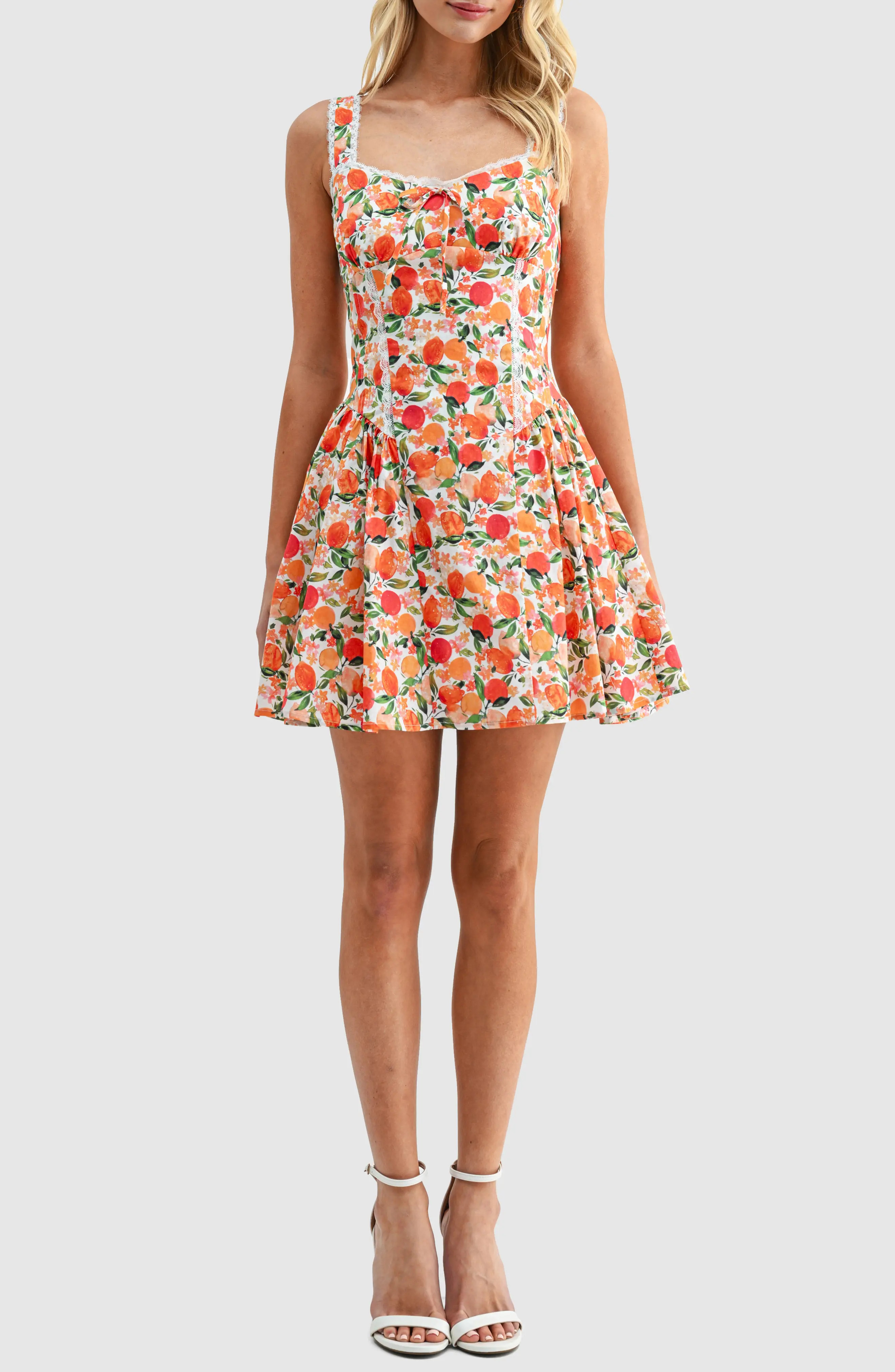 Tangerine Print Lace Detail Fit & Flare Cotton Minidress (Women) | Nordstrom | Nordstrom