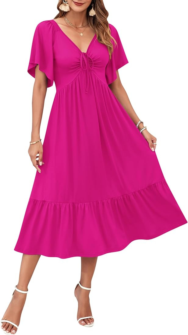 AUSELILY Women's 2025 New Summer Empire Waist Dress Drawstring Pleating Flutter Short Sleeve V Ne... | Amazon (US)