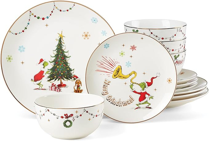 Lenox 895051 Merry Grinchmas 12-Piece Dinnerware Set, Green, 12 Count, Christmas, Holiday Hosting | Amazon (US)